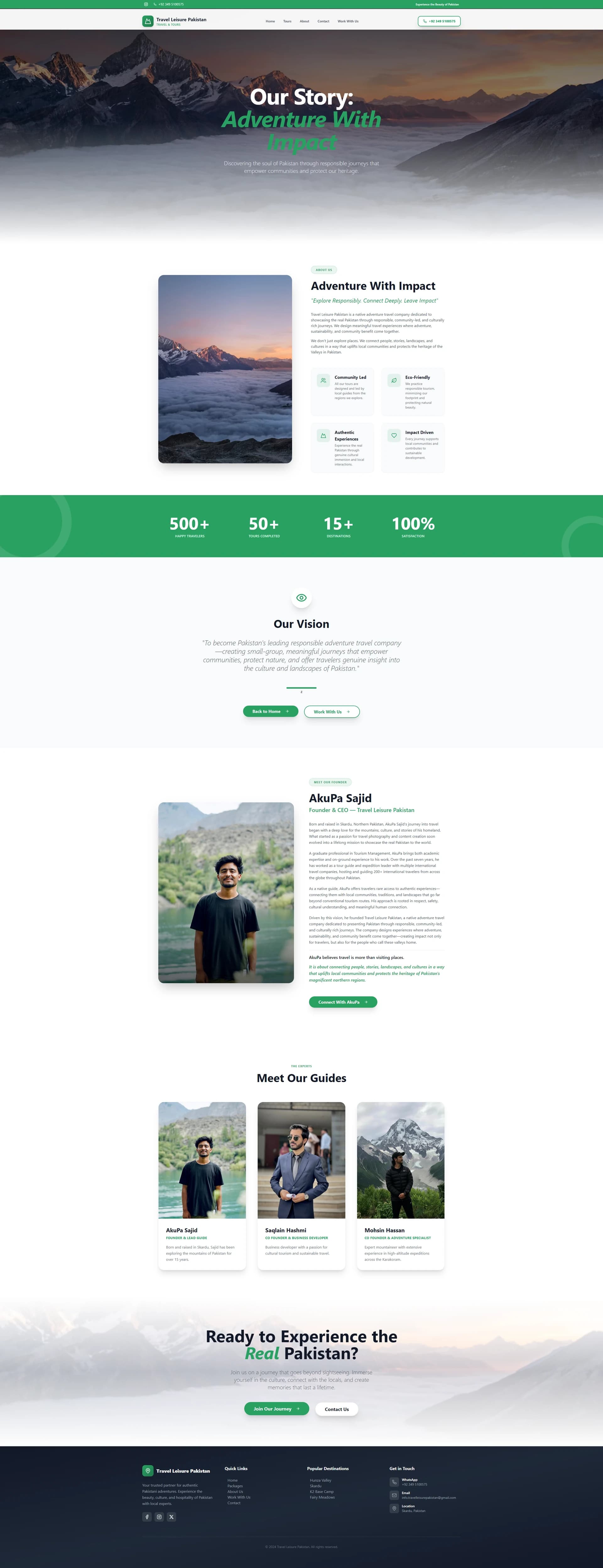 About page with the company story, impact statistics, vision, founder profile and Meet Our Guides section
