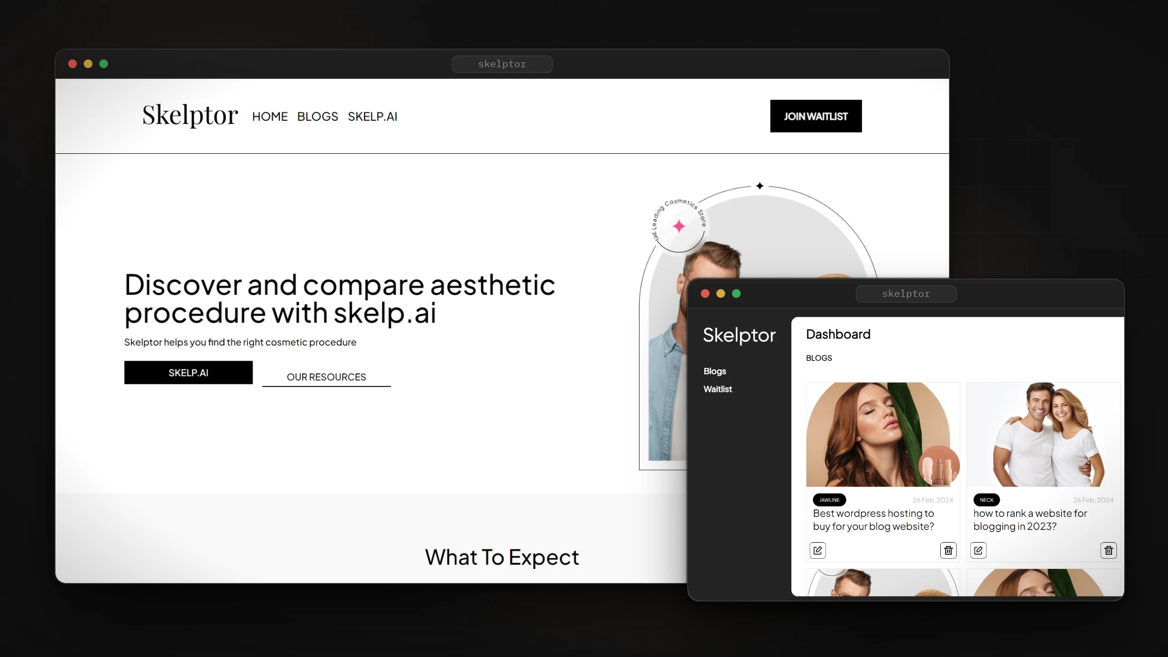 Skelptor home page and blog admin dashboard, in browser frames
