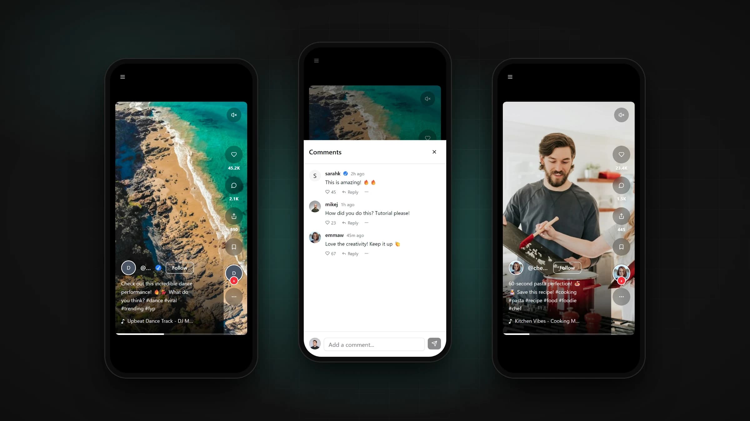 Three ReelRush phone screens: a vertical video, the comments sheet and a cooking video