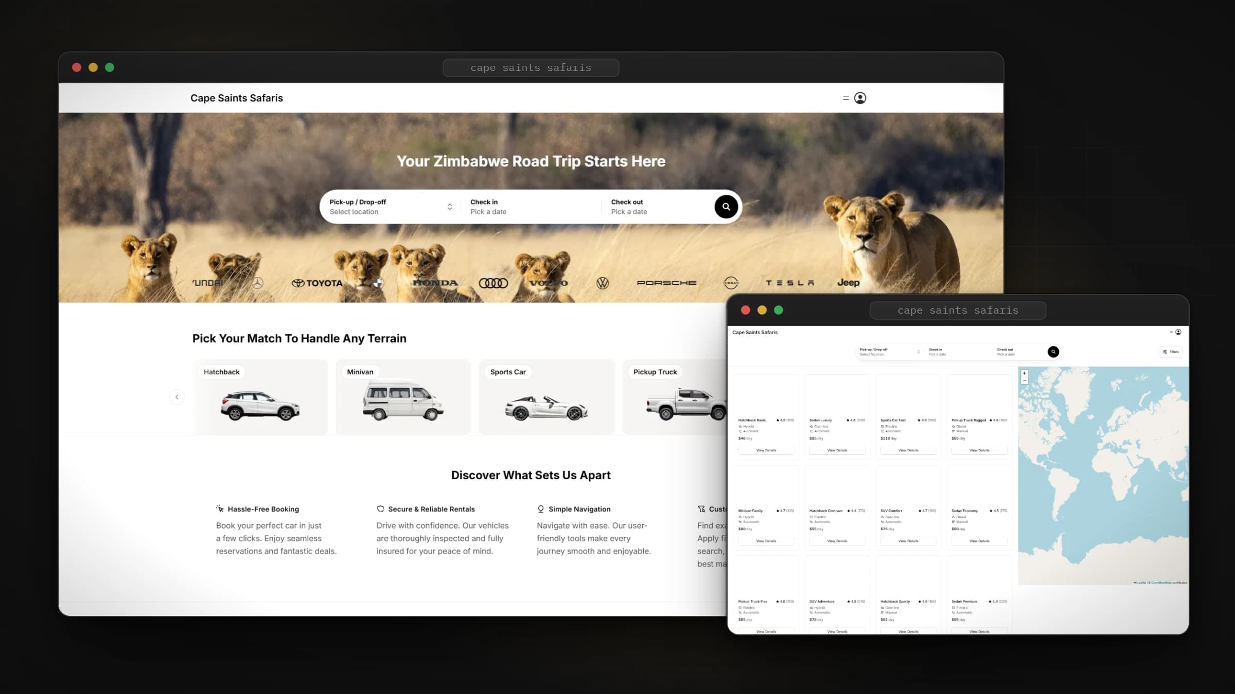 Cape Saints Safaris home page and fleet listing with map, in browser frames