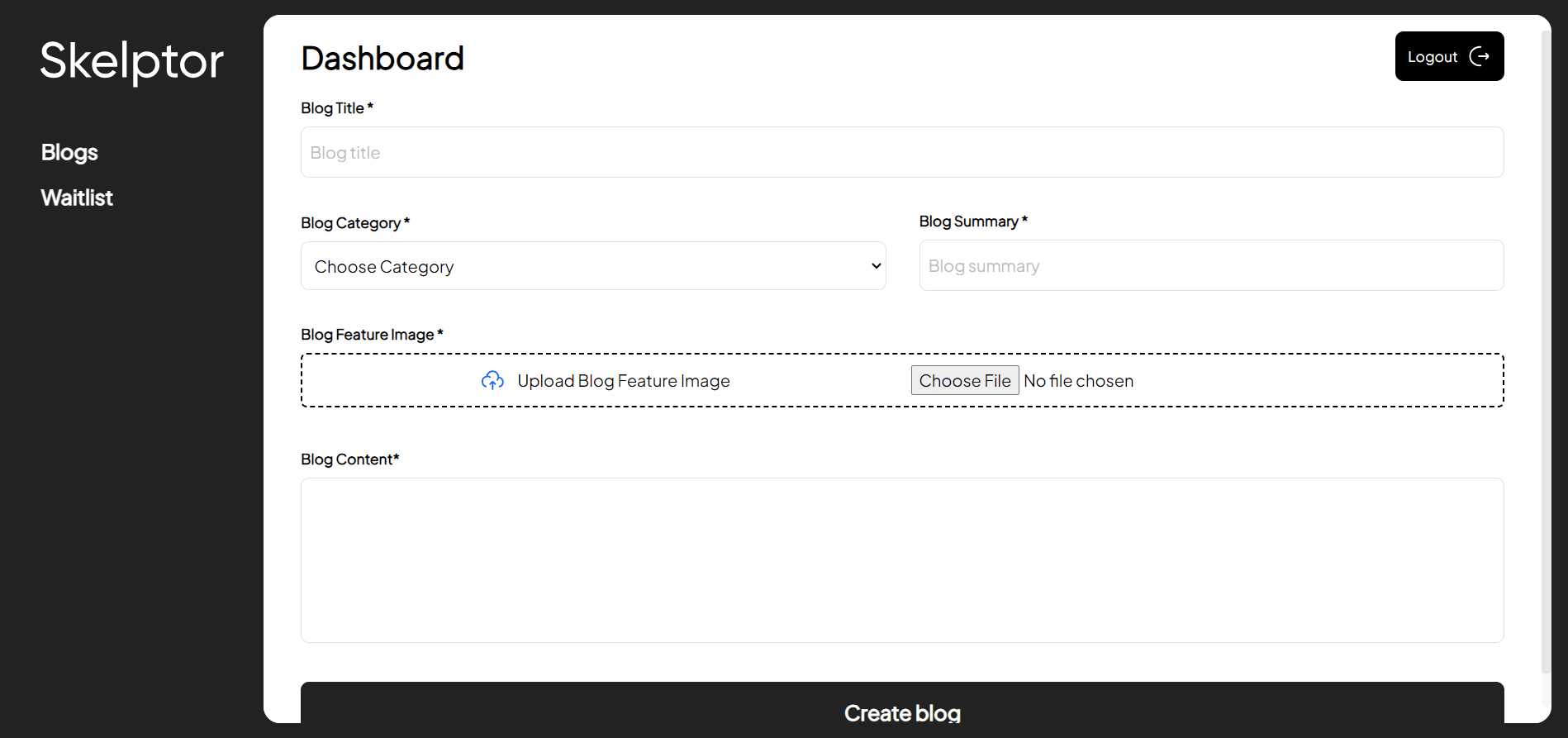 Create blog form with title, category, summary, feature image and content fields