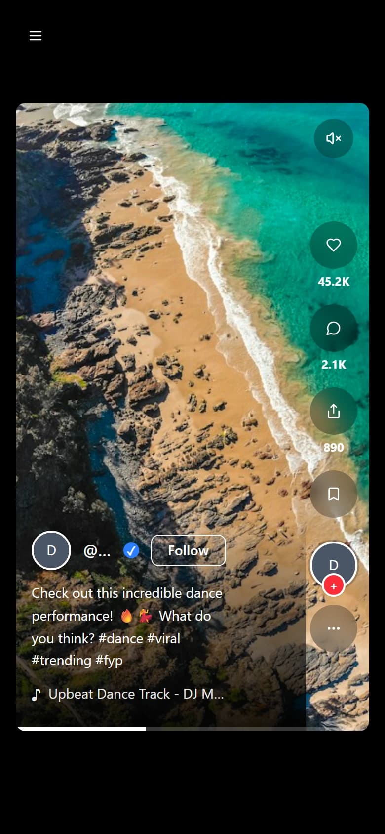 ReelRush feed playing a vertical video with the creator, caption, hashtags and soundtrack, and like, comment, share and bookmark buttons