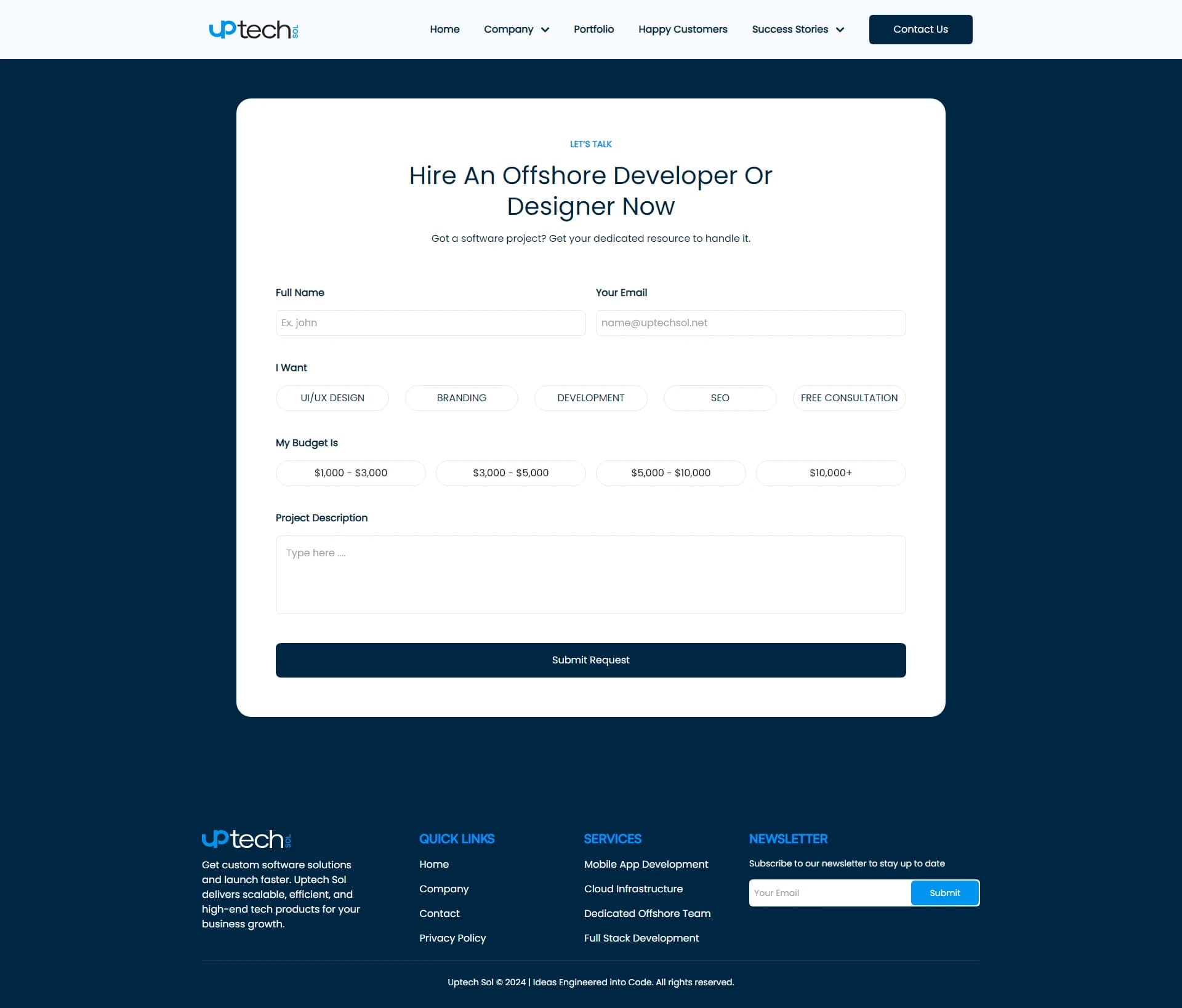 Hire An Offshore Developer Or Designer form with service options, budget ranges and a project description field