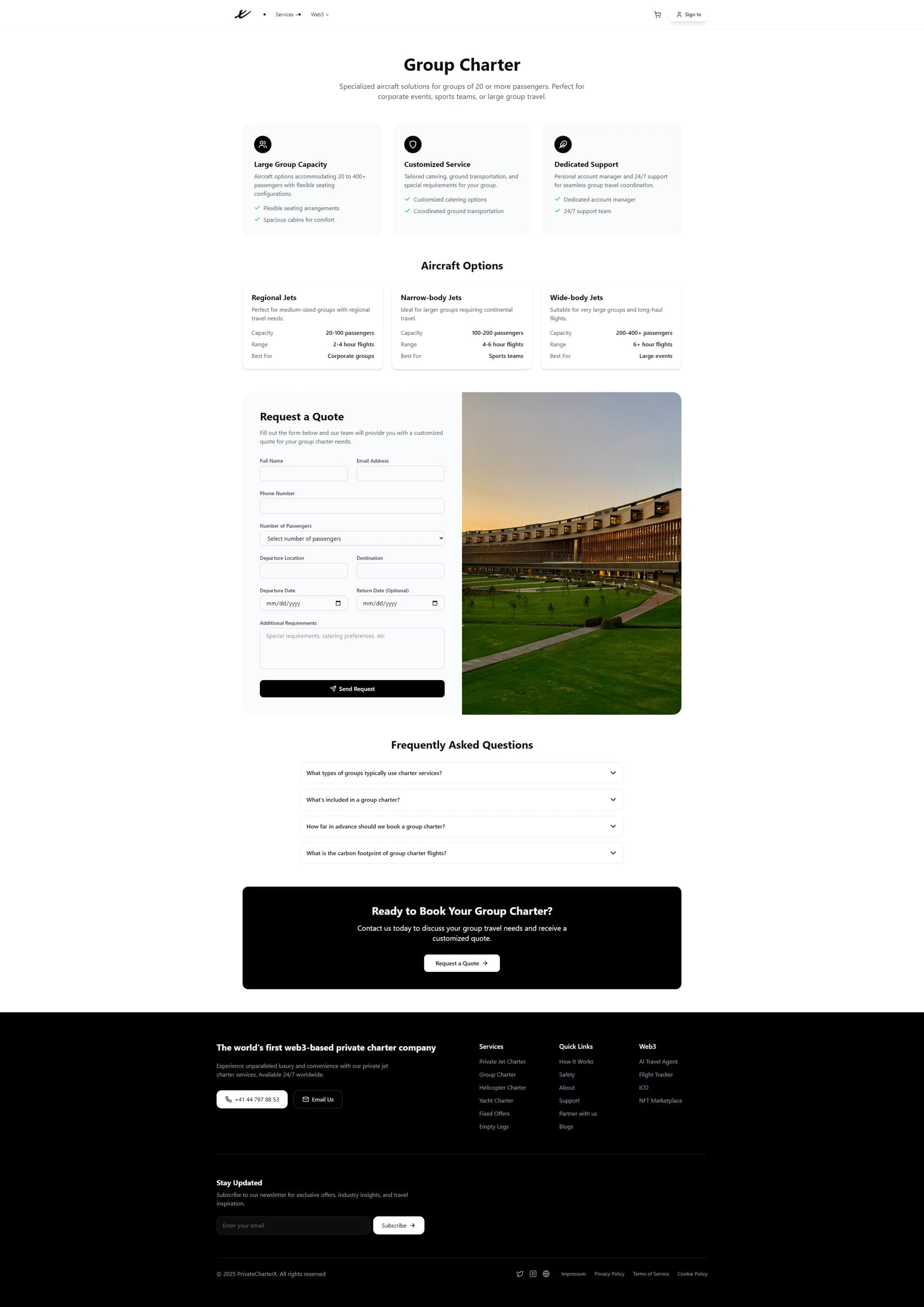 Group Charter page with aircraft options, a quote request form and frequently asked questions