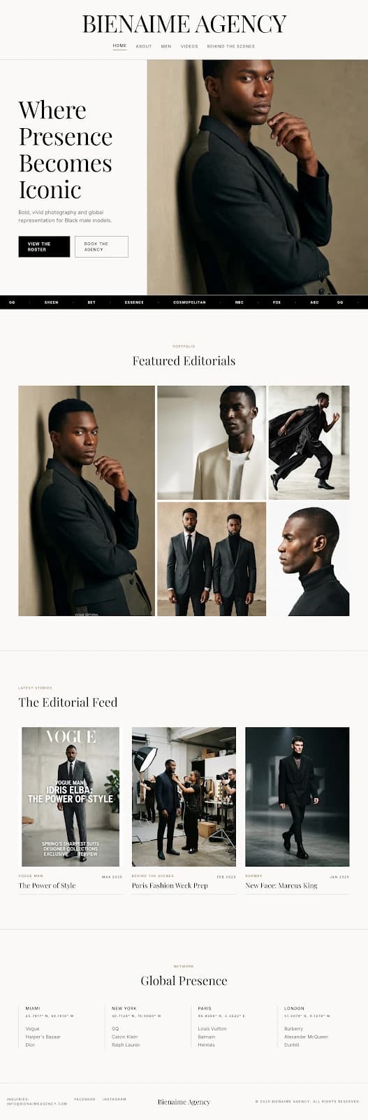 Home page with the headline Where Presence Becomes Iconic, a press logo strip, Featured Editorials and The Editorial Feed