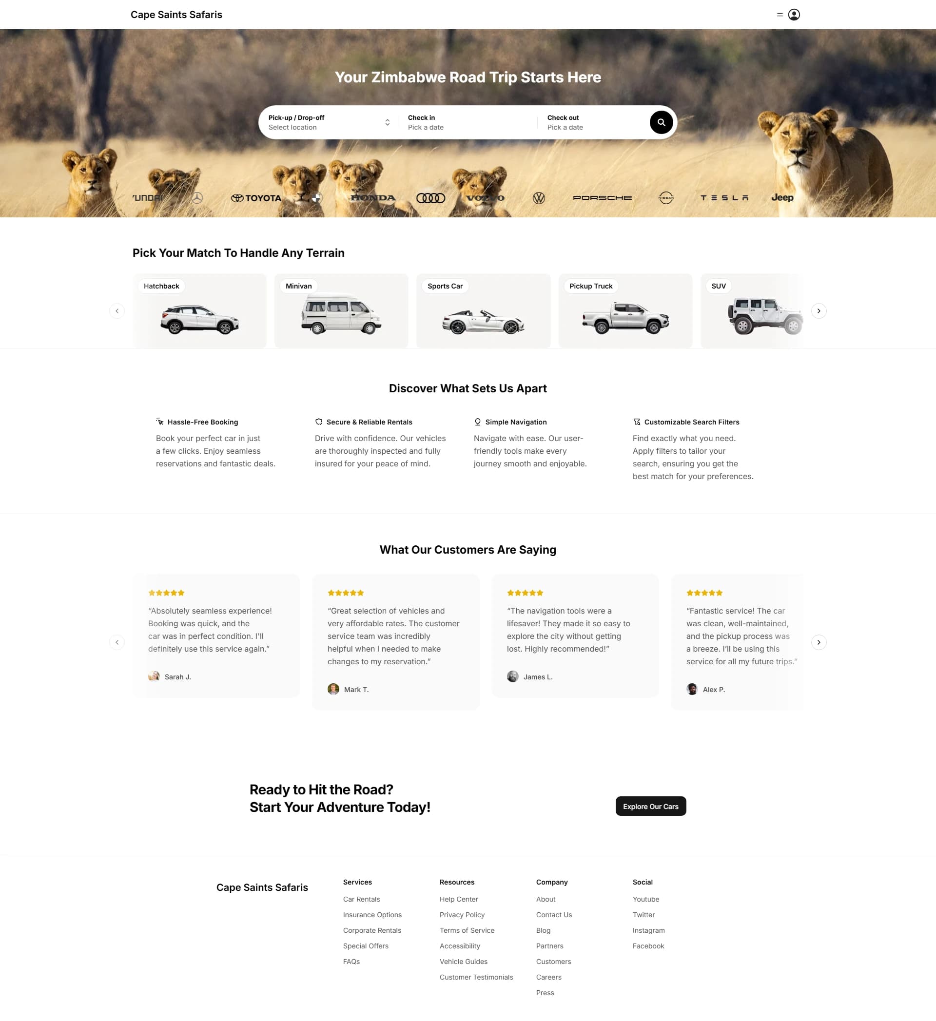 Home page with the Zimbabwe road trip hero, a body-style carousel, what sets the service apart and customer testimonials