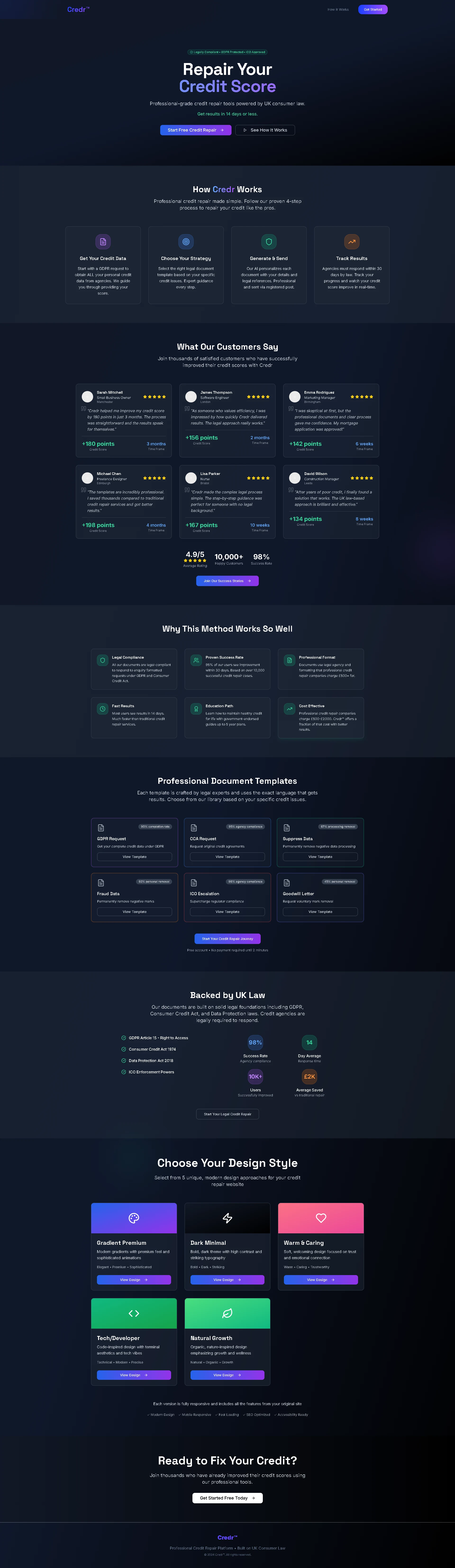 Landing page with the Repair Your Credit Score hero, a four-step how-it-works section, customer results, benefits and document templates