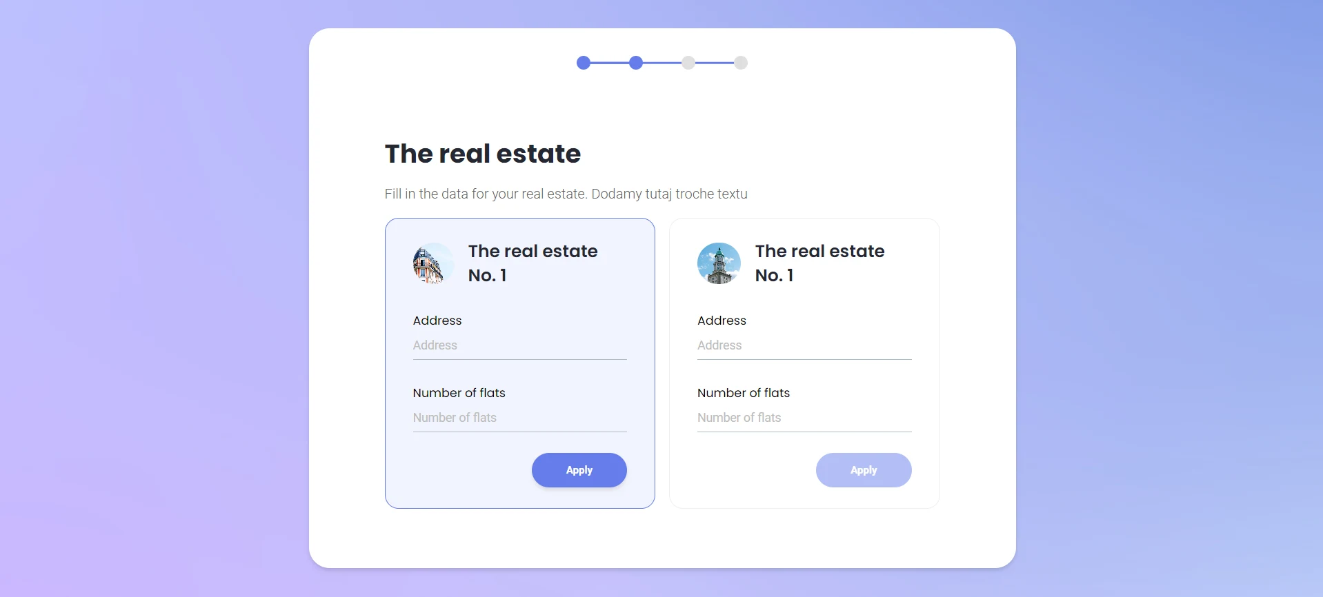 Onboarding step two, entering the address and number of flats for each real estate