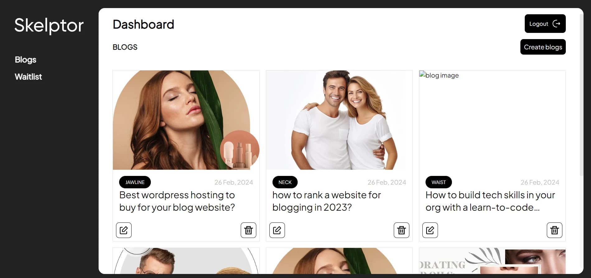 Skelptor admin dashboard listing blog posts with edit and delete controls