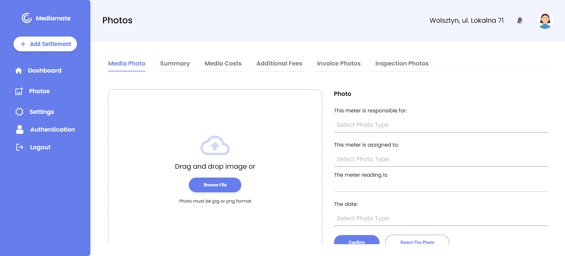 Photos section with tabs for media photos, costs, fees and invoices, a drag-and-drop upload area and a photo details form