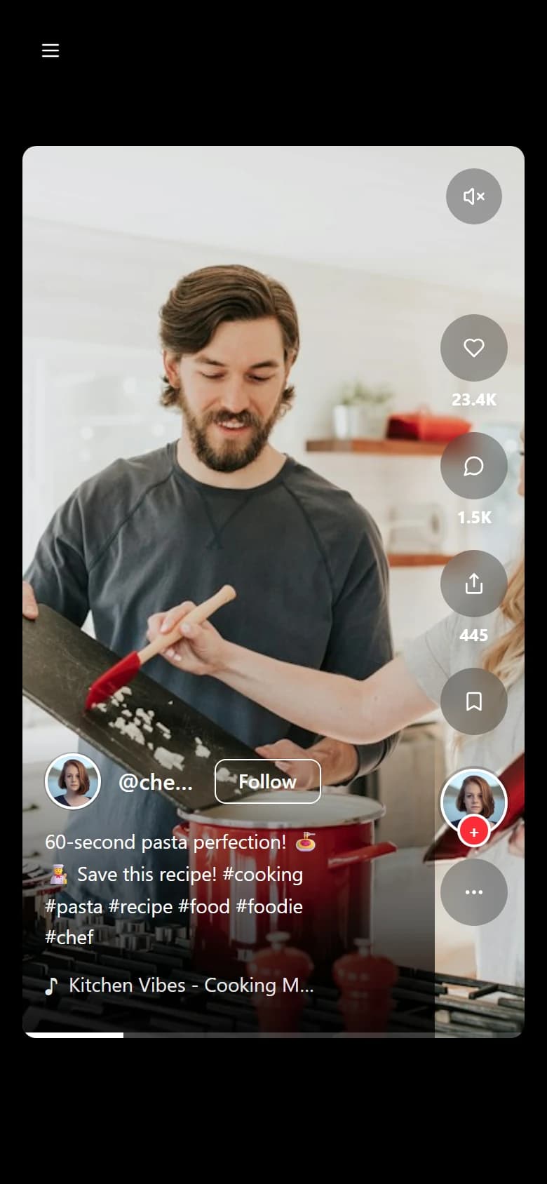 Next video in the feed, a cooking clip with its creator, caption and engagement counts
