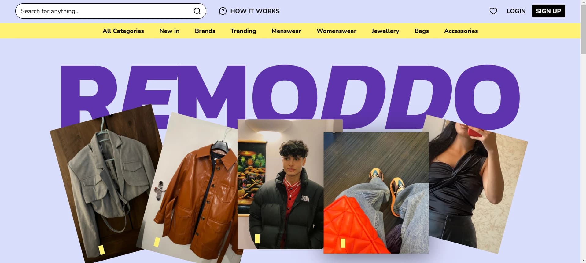 Remoddo landing page with search, category navigation and a large Remoddo wordmark over a collage of clothing photos