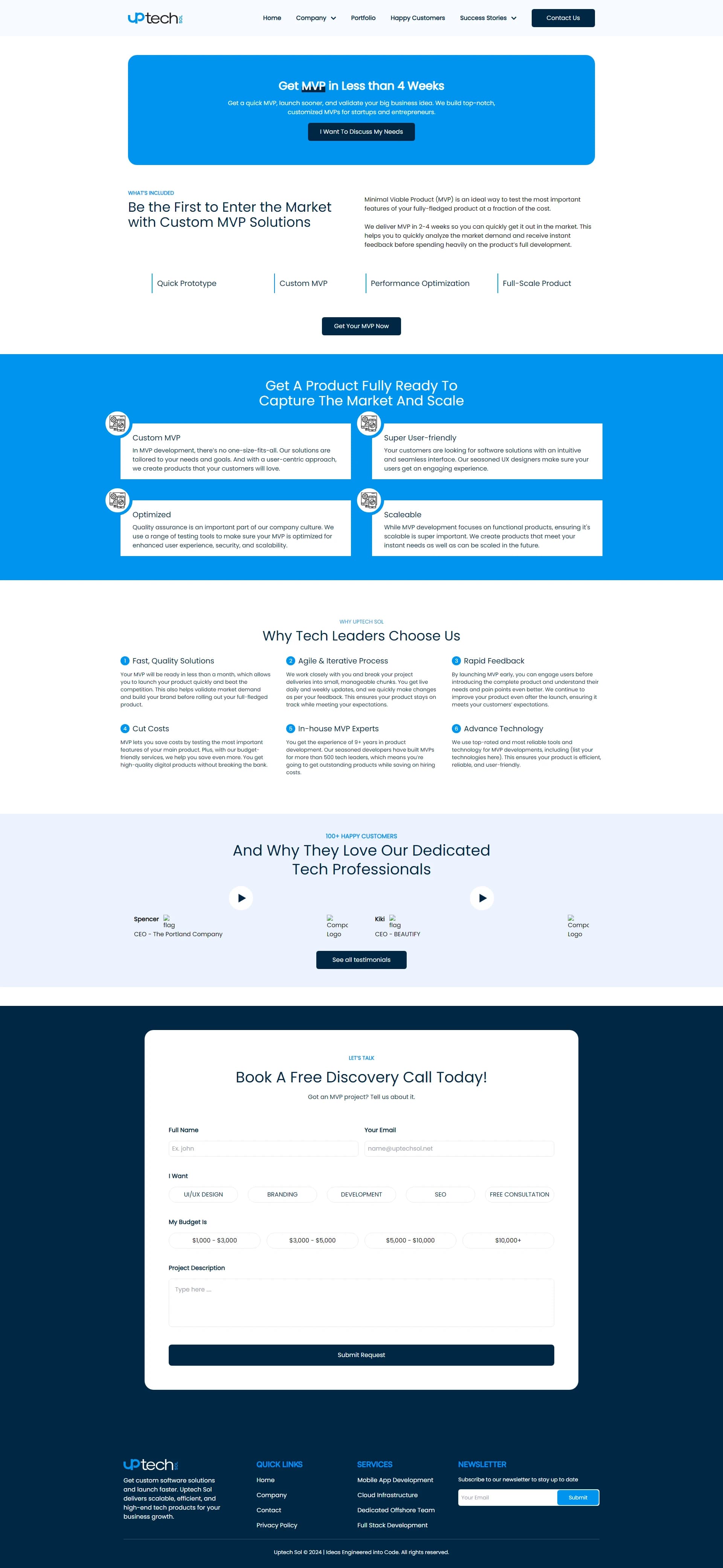 MVP development service page with benefits, why tech leaders choose Uptech, testimonials and a discovery call form