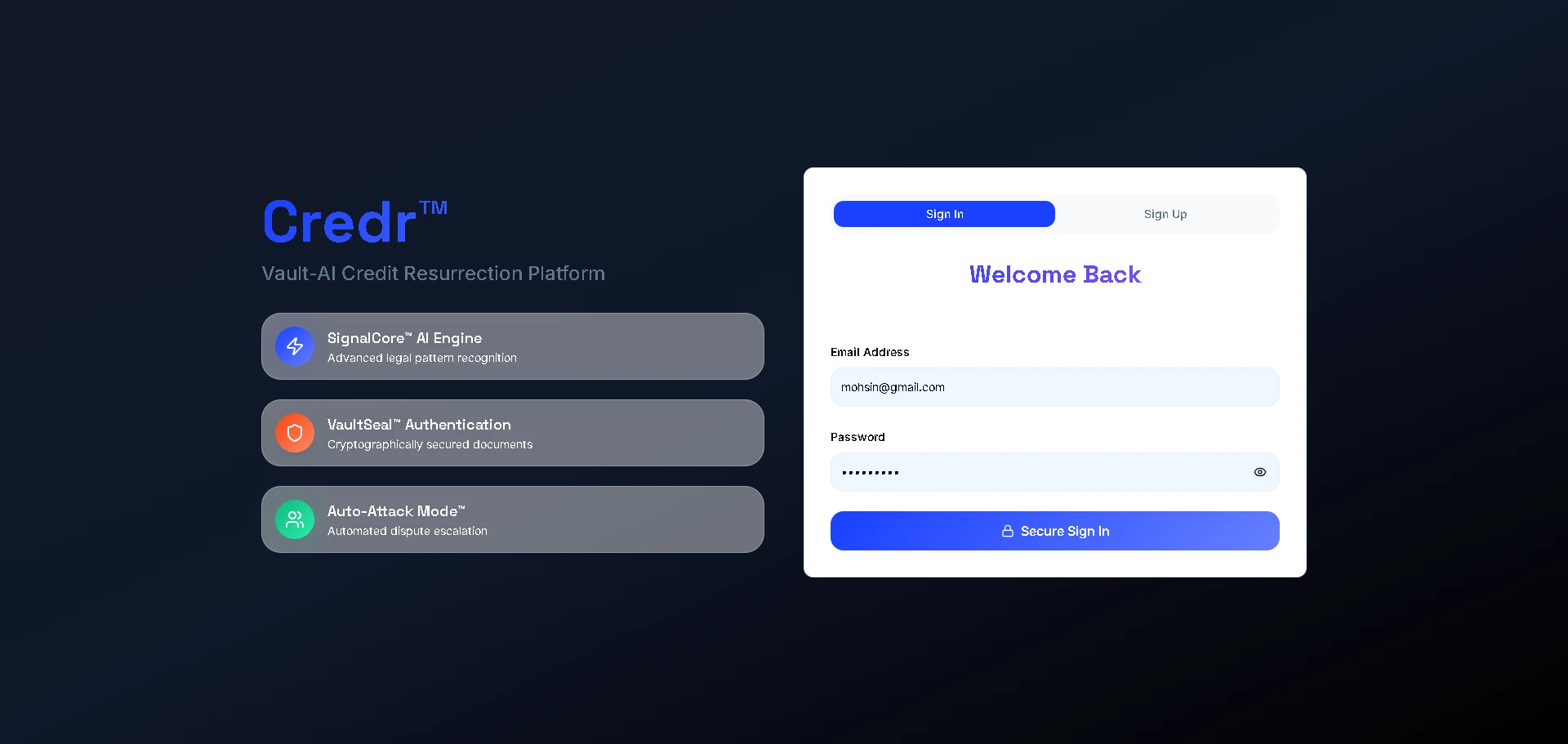 Sign-in screen with email and password fields beside a summary of the platform's features