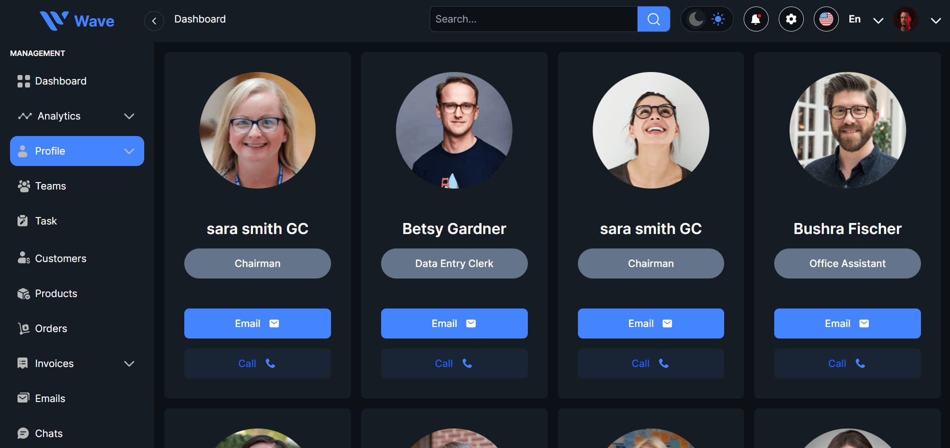 Wave teams page with profile cards showing each member's photo, name, role and contact buttons
