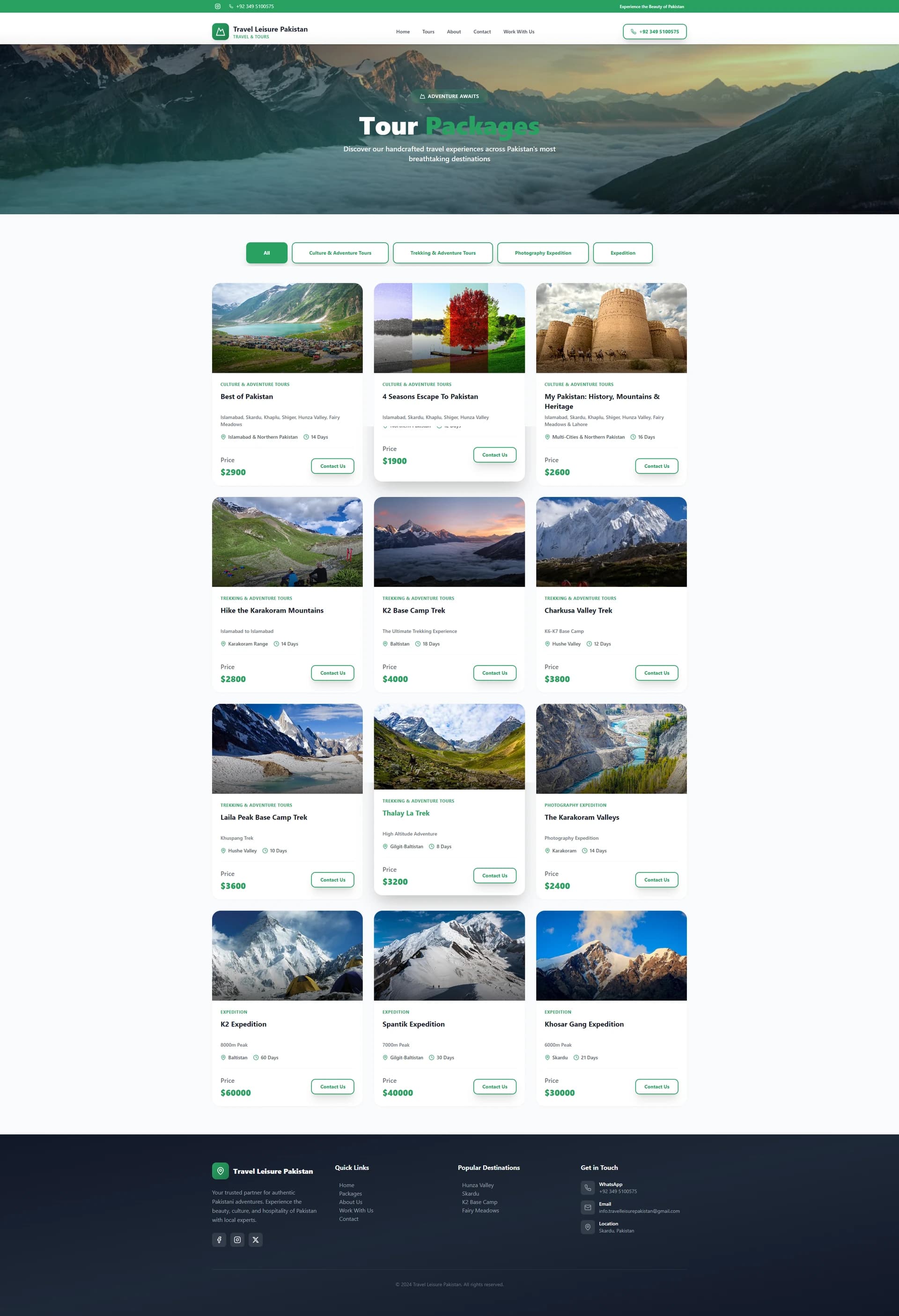 Tour Packages page with category filters above a grid of package cards for tours, treks and expeditions