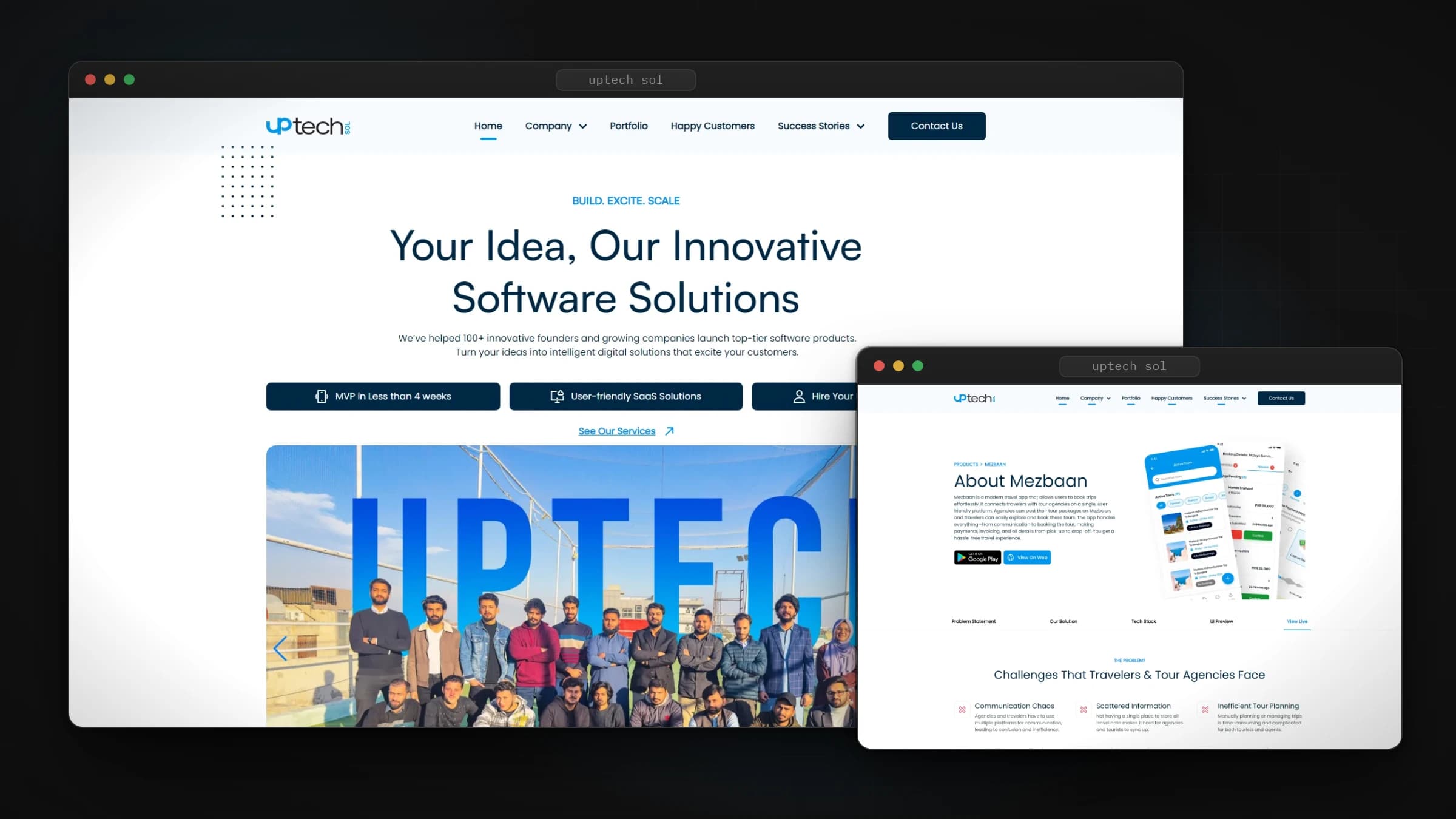 Uptech Sol home page and a case study page, in browser frames