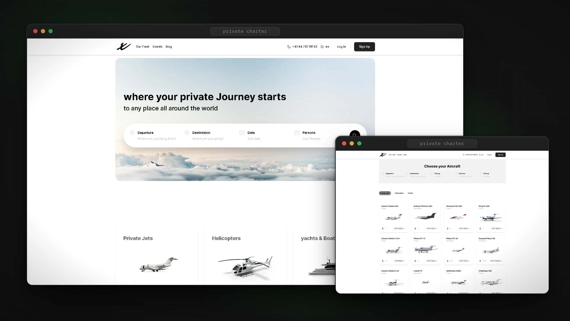 PrivateCharterX home page with trip search and the aircraft fleet page, in browser frames